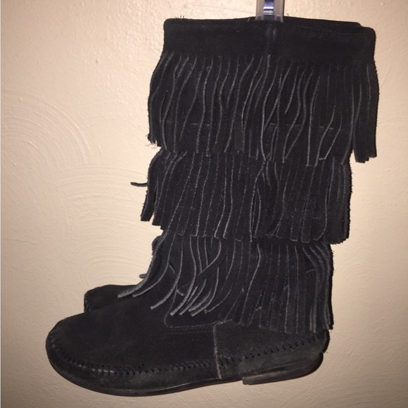 Toddler girls 7.5 / 8 Genuine Minnetonka black suede Fringe Boots - Picture 1 of 6